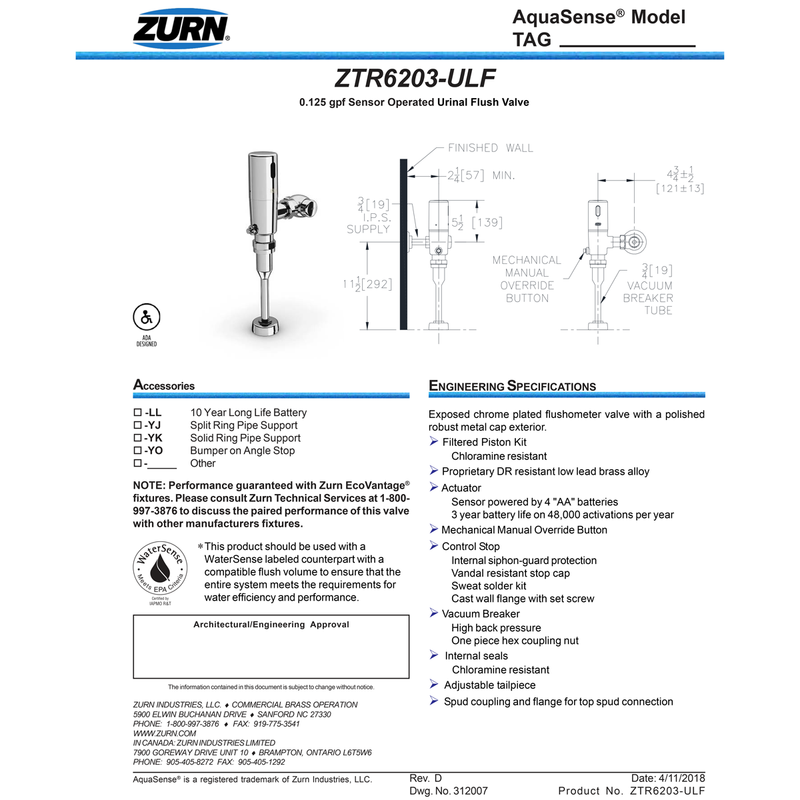 Zurn ZTR6203-ULF AquaSense Exposed Diaphragm Piston Operated Ultra Low Flow Urinal Flush Valve with Battery Powered Automatic Sensor - 0.125 Gallons Per Flush