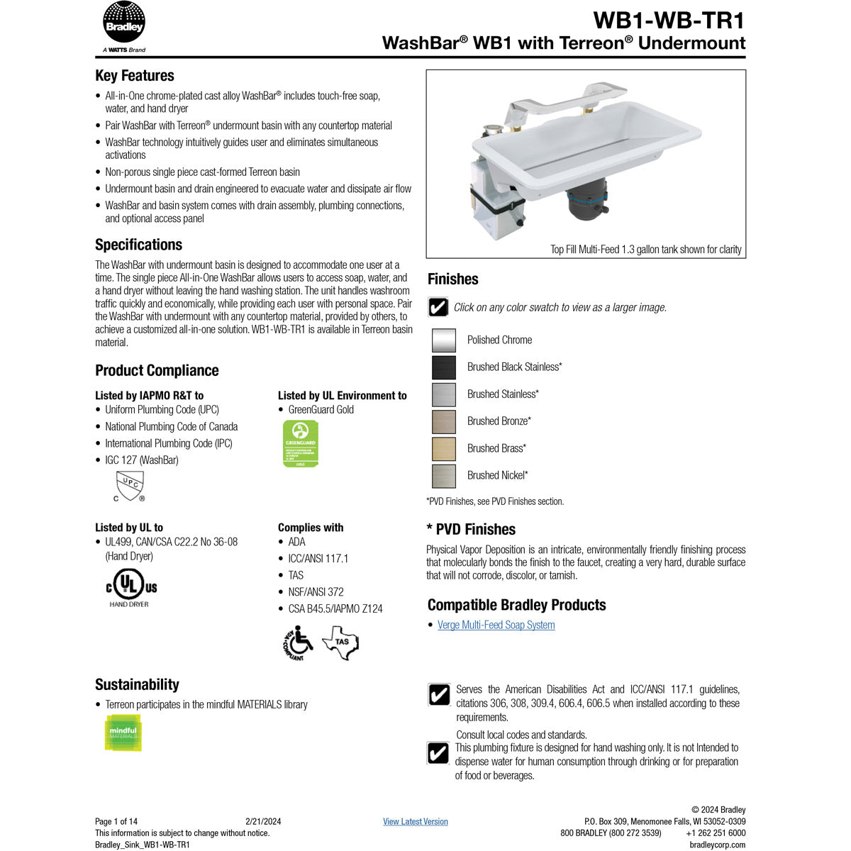 Bradley Terreon Undermount Kit with WashBar WB1 - WB1-WB-TR1