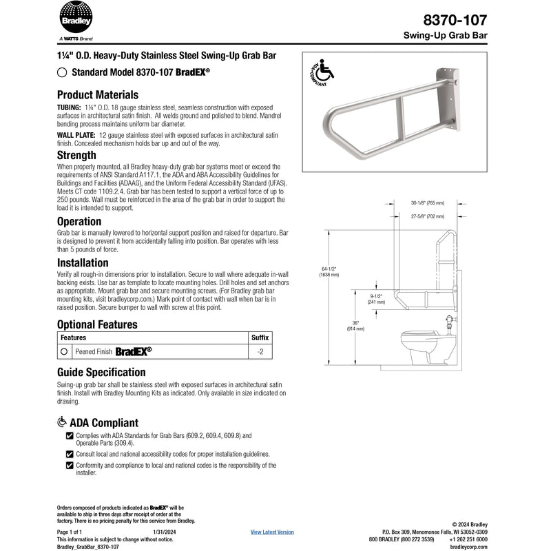 Bradley 8370-107000 BX-SWING UP GRAB BAR- 1-1/4" OD- 30" LONG- SATIN FINISH