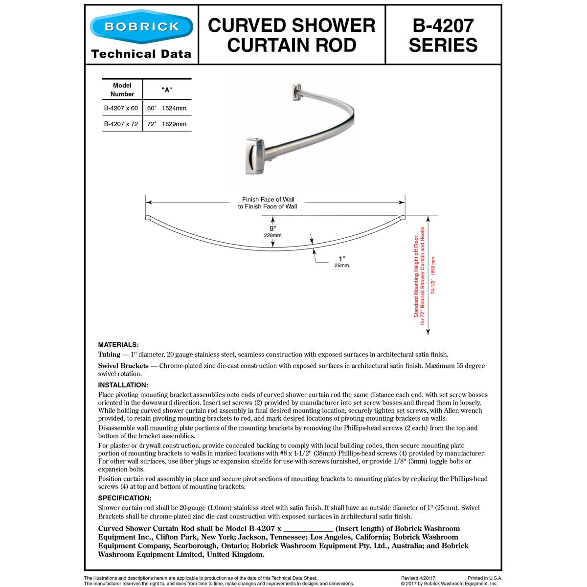Bobrick B-4207x72 Curved Shower Curtain Rod 72"