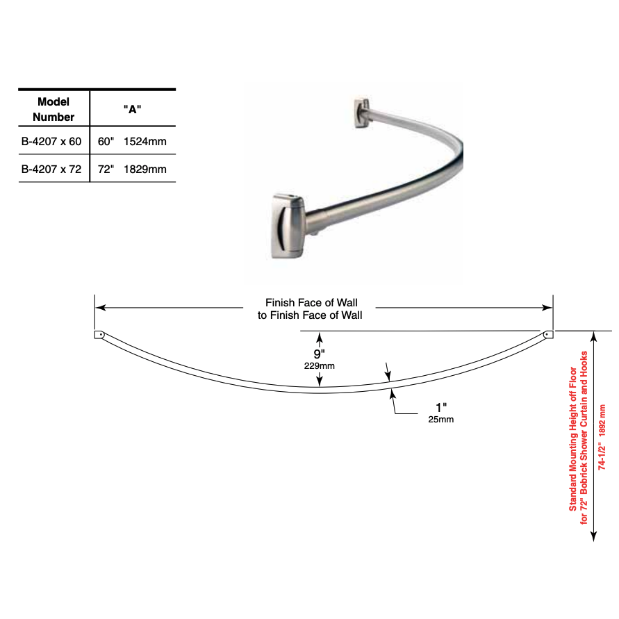 Bobrick B-4207x72 Curved Shower Curtain Rod 72"