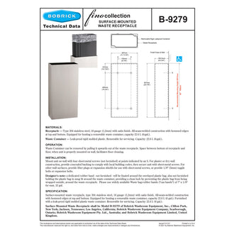 Bobrick Fino B-9279.MBLK 6 Gallon Surface-Mounted Stainless Steel Waste Receptacle with Matte Black Finish