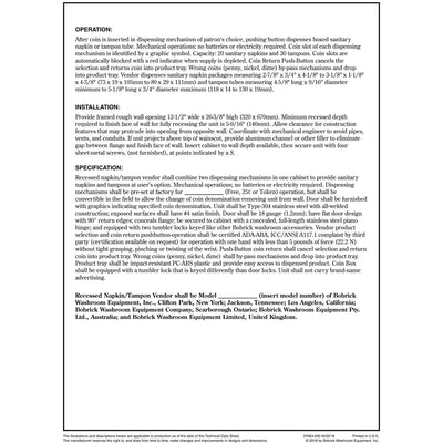 Bobrick B-37063.MBLK 25 Matte Black Recessed Napkin / Tampon Single Coin Vendor