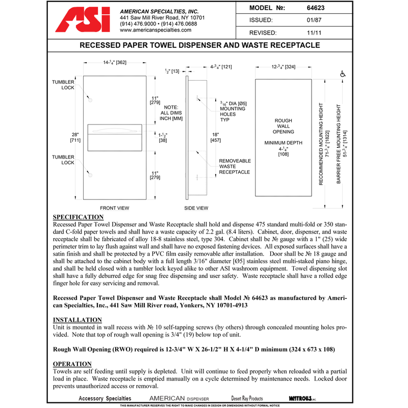 ASI 64623-9-41PC TOWEL DISP/WASTE-SIMPLICITY-MATTE BLACK POWDER COATED