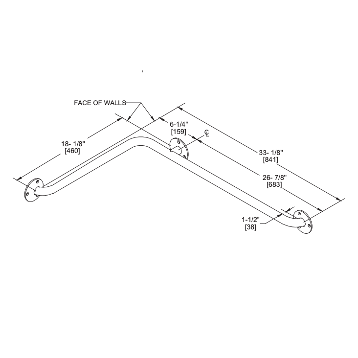 ASI 3574 Exposed Flange (1-1/2" O.D) Smooth - Horizontal Grab Bar, 18-1/8" x 33-1/8"
