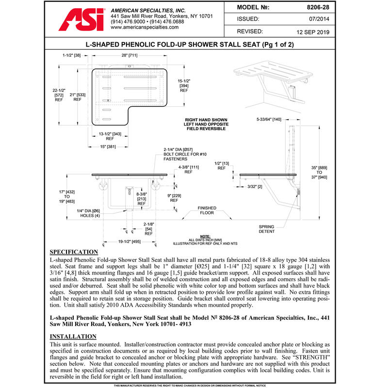 ASI 8206-L-28 Folding Shower Seat - L-Shaped, Left Hand, ADA - Solid Phenolic, White - 28"W