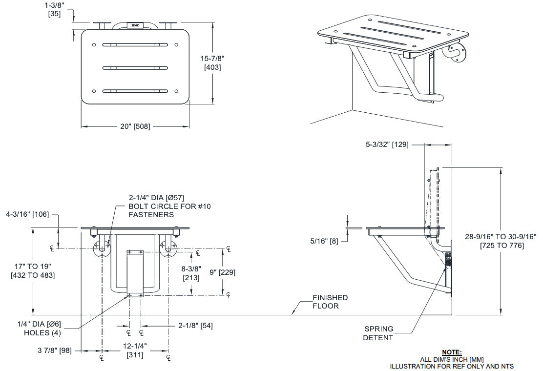 ASI 8203-20 Folding Shower Seat - Rectangular, ADA - Solid Phenolic, White - Compact 20