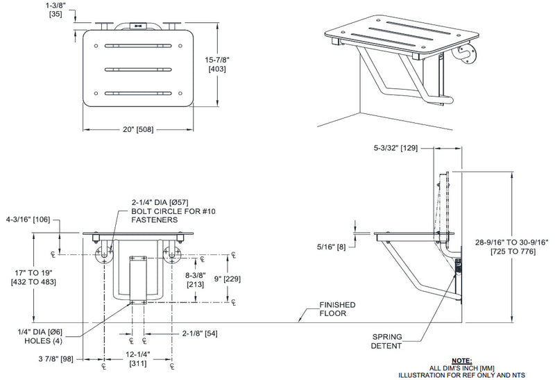 ASI 8203-20 Folding Shower Seat - Rectangular, ADA - Solid Phenolic, White - Compact 20"W