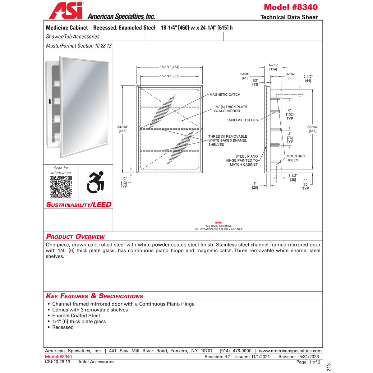 ASI 8340 (18.25 x 24.25) Medicine Cabinet - Enameled Steel, Recessed, 18-1/4"W x 24-1/4"H