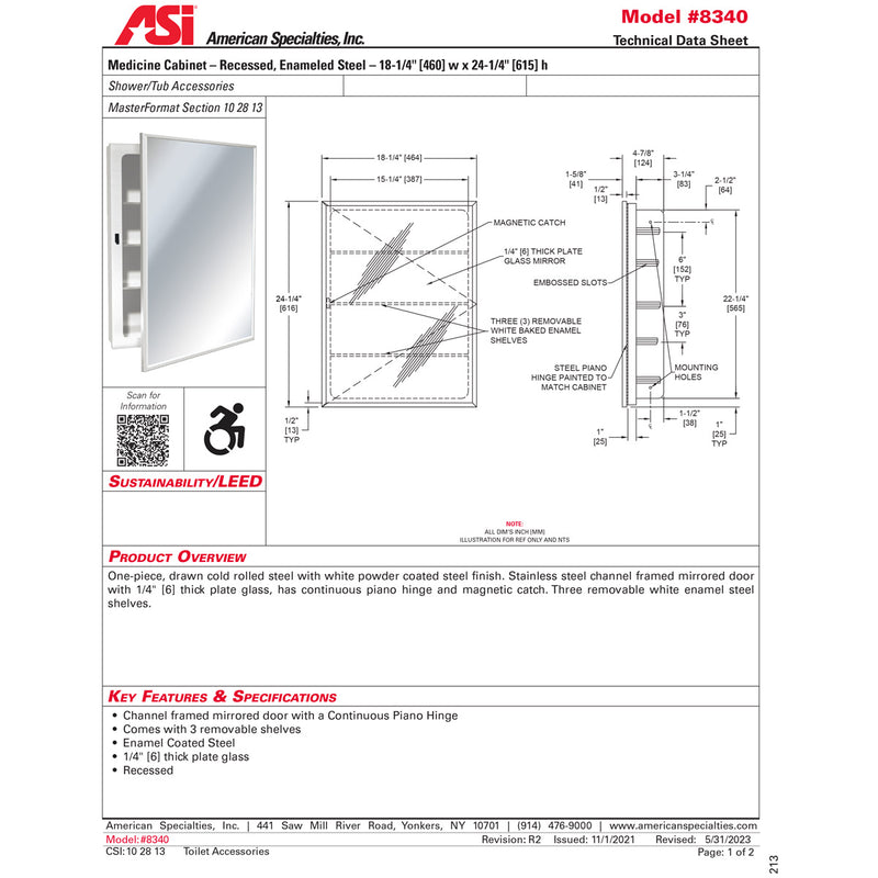 ASI 8340 (18.25 x 24.25) Medicine Cabinet - Enameled Steel, Recessed, 18-1/4"W x 24-1/4"H