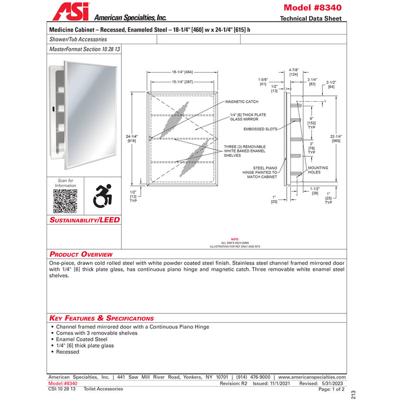 ASI 8340 Medicine Cabinet - Enameled Steel - 18-1/4"W x 24-1/4"H - Recessed
