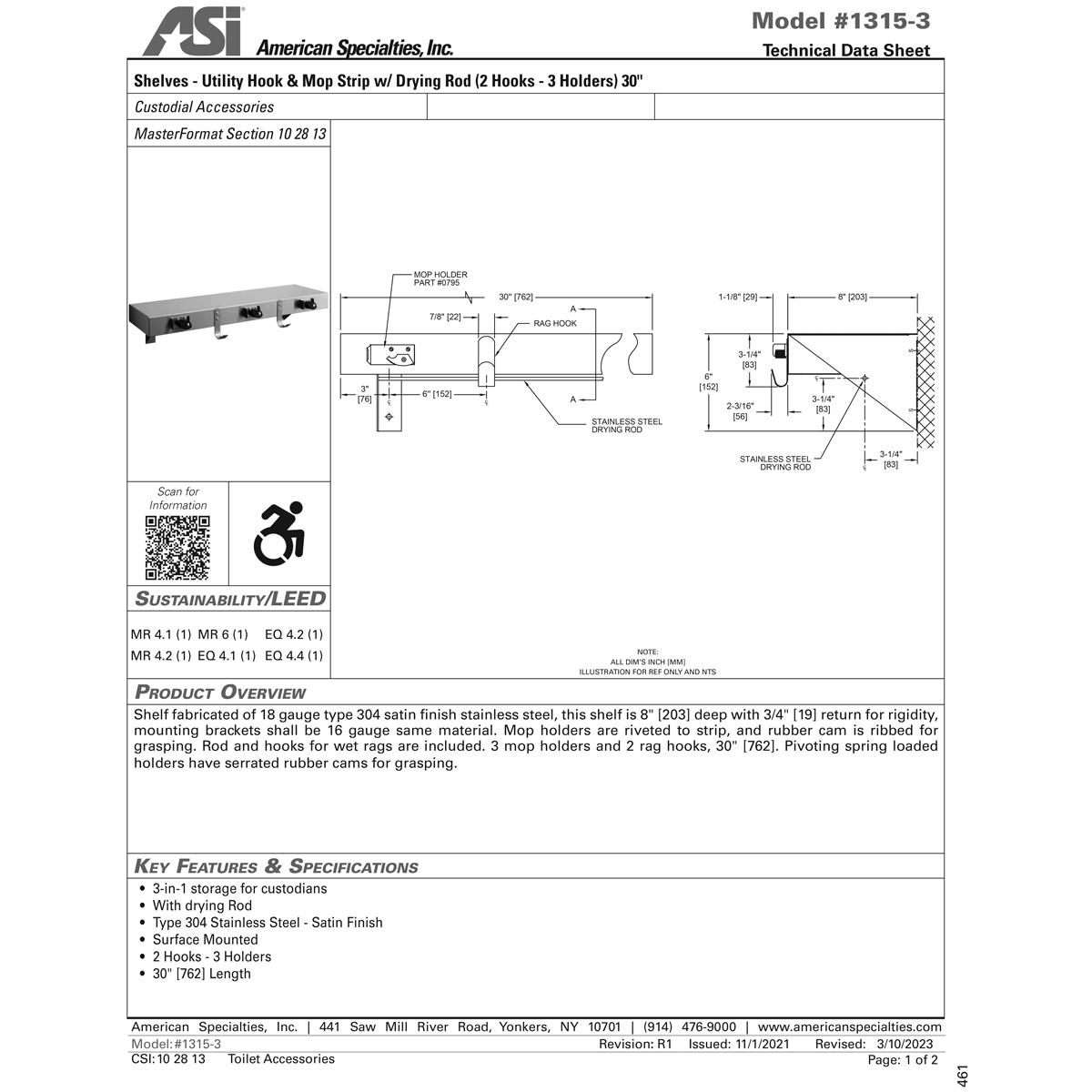 ASI 1315-3 Shelf/Utility Hook & Mop Strip w/ Drying Rod - 2 Hooks, 3 Holders - 30"L - Surface Mounted