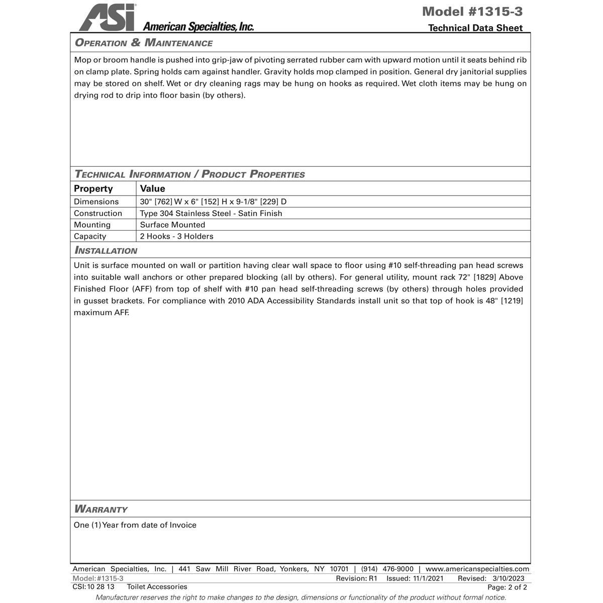 ASI 1315-3 Shelf/Utility Hook & Mop Strip w/ Drying Rod - 2 Hooks, 3 Holders - 30