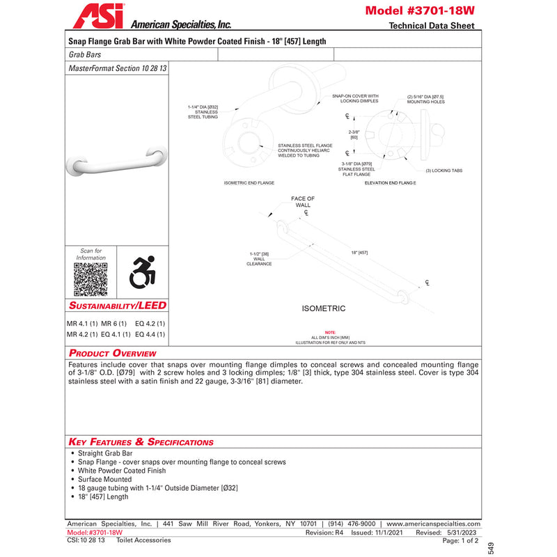 ASI 3701-18W Snap Flange (1-1/4" O.D) White Powder Coated Finish - Straight Grab Bar, 18"