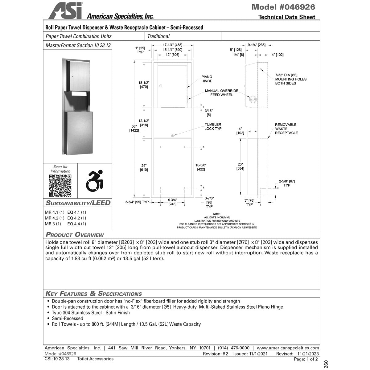 ASI 046926 Traditional - Paper Towel Disp. & Waste Receptacle - Pull Roll, Auto Cut - 13.5 gal. Recessed
