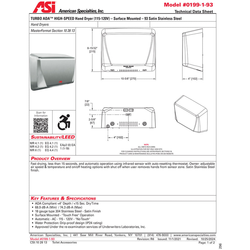 ASI 0199-1-93 TURBO ADA - Automatic High-Speed Hand Dryr (115-120V) Satin Stainless, Surface Mounted