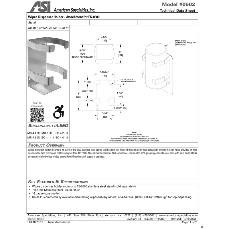 ASI 0502 Wipes Dispenser Holder - Satin Stainless Steel - Attachment for FS-0300