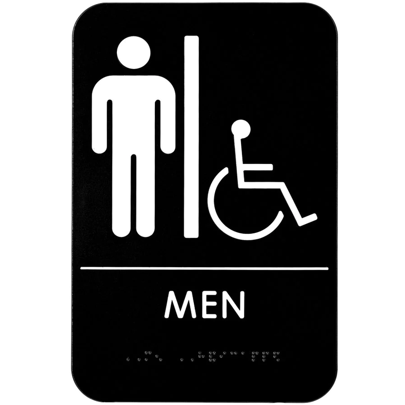 Men's Braille Handicapped Restroom Sign, ADA Compliant, Black & White w/ Adhesive Strips Included, 6" X 9" - ALPSGN-2