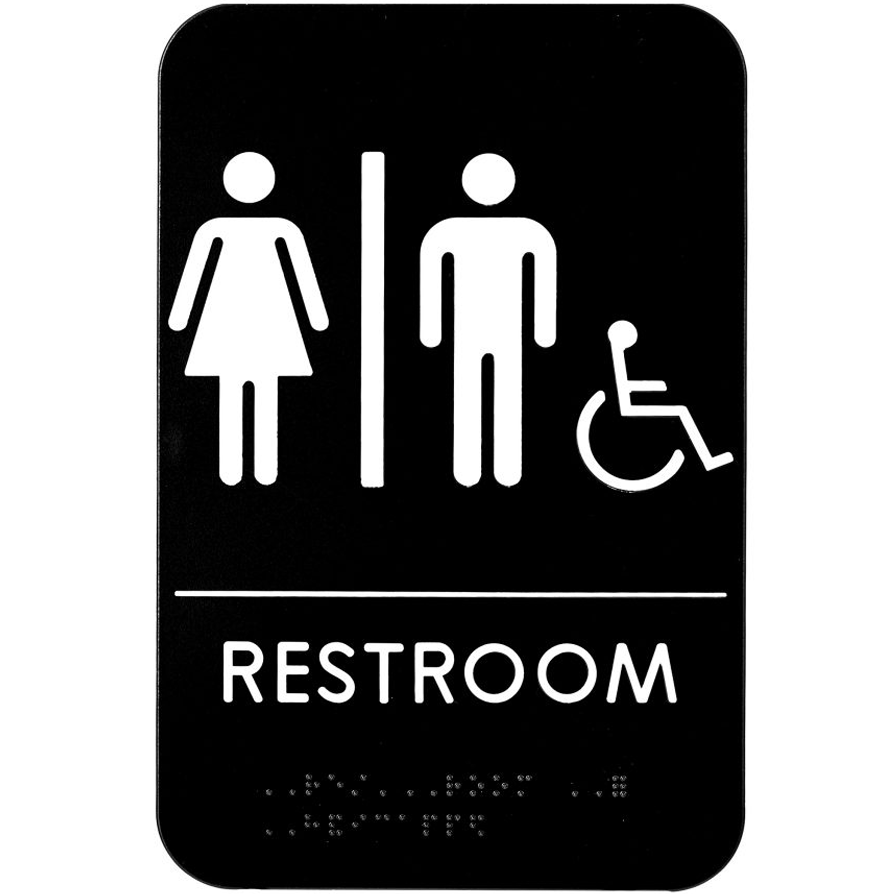 Unisex Handicap Braille Restroom Sign, ADA Compliant, Black & White w/ Adhesive Strips Included, 6