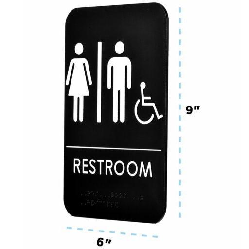 Unisex Handicap Braille Restroom Sign, ADA Compliant, Black & White w/ Adhesive Strips Included, 6" X 9" - ALPSGN-4