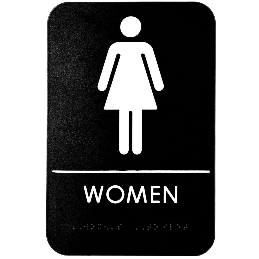 Women's Braille Restroom Sign, ADA Compliant, Black & White w/ Adhesive Strips Included, 6