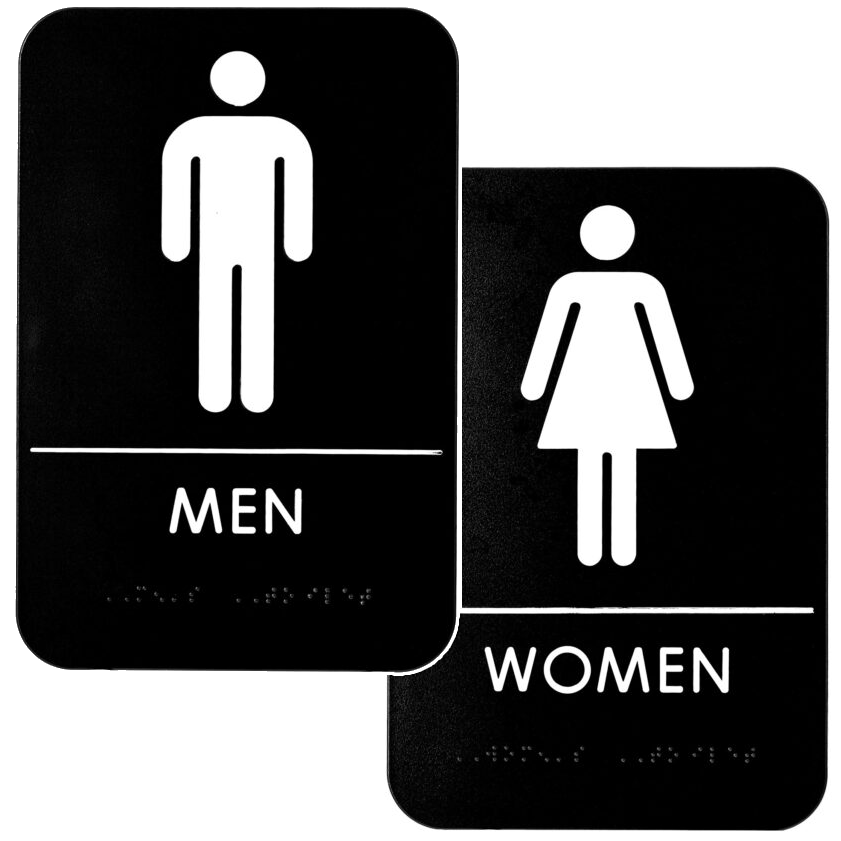 Men's and Women's Restroom Signs, Black & White w/ Adhesive Strips Included, 6" X 9", Set of 2 - ALPSGN-B-A