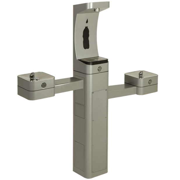 KOA Haws Modular Outdoor Stainless Steel Pedestal with One Bottle Filler and Two Fountains, (Includes Bracket Mount & Filter for Haws 3000 Gallon Filter) Painted Silver - 3612F-STD