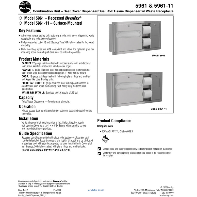 Bradley 5961-11 Horizontal Combi Unit-RH, Surface Mounted, ADA Compliant