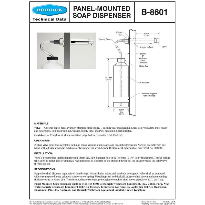 Bobrick B-8601 Panel Mtd Soap Dispenser