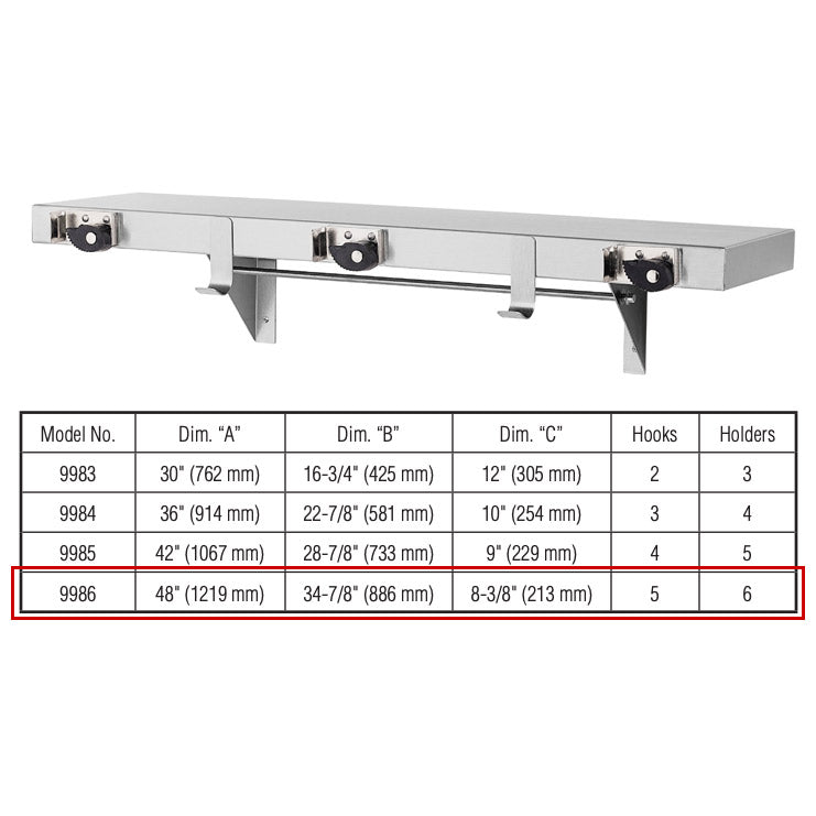 Bradley 9986-00 Mop & Broom Holder, Stainless Steel - 5 Hooks/6 Holders