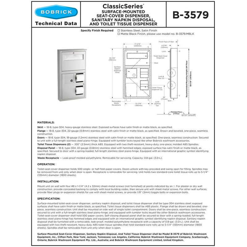 Bobrick B-3579.MBLK Matte Black Surface Mounted Seat Cover Dispenser with Sanitary Napkin Disposal and Toilet Tissue Dispenser