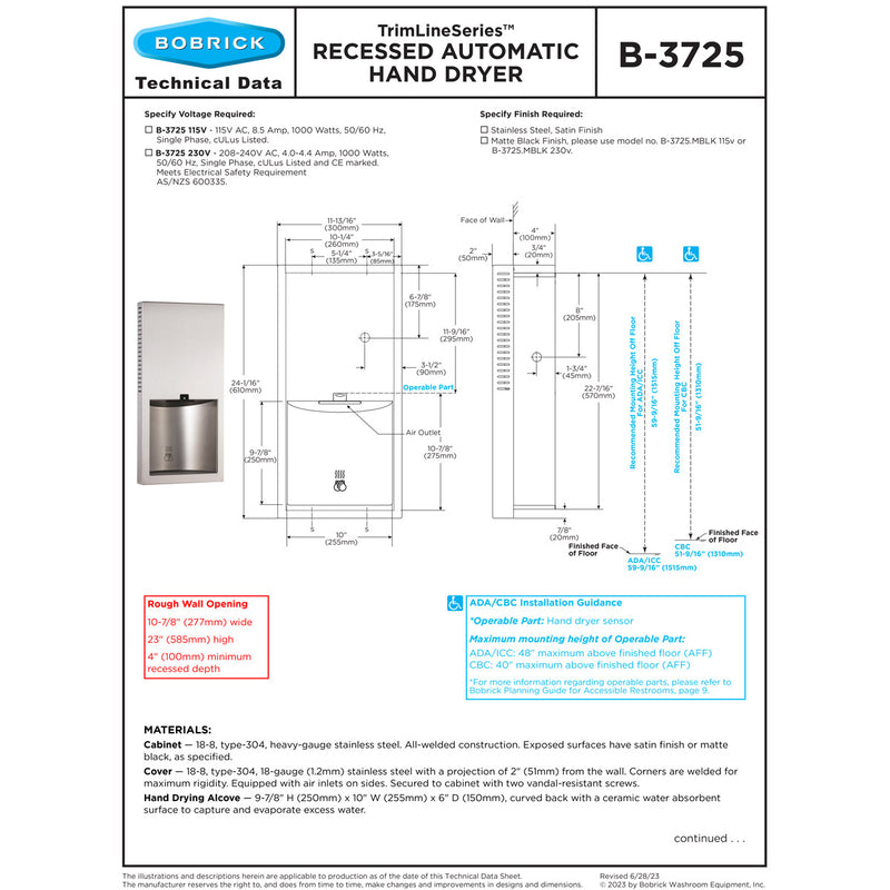 Bobrick B-3725.MBLK 230V ADA No Touch Recessed Hand Dryer - 208/240V