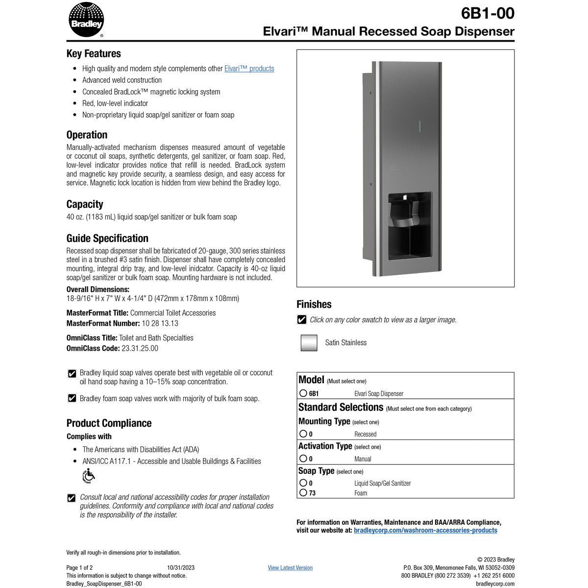 Bradley Elvari Series Foam Soap Dispenser - 40oz, Recessed - 6B1-000073 (Classic Satin Stainless)