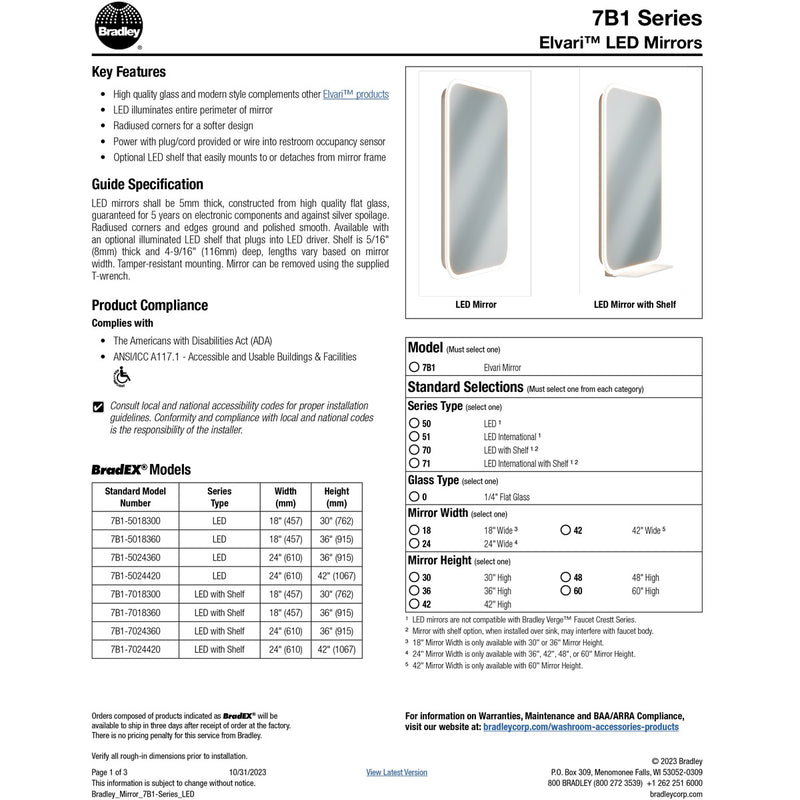 Bradley Elvari (24 x 60) Frameless LED Mirror, 7B1-5024600, 24"W X 60"H