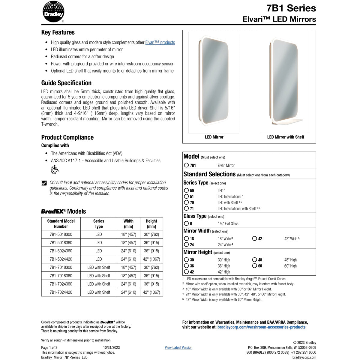Bradley Elvari (18 x 36) Frameless LED Mirror w/Shelf - 7B1-7018360, 18" W x 36" H (Classic Satin Stainless)