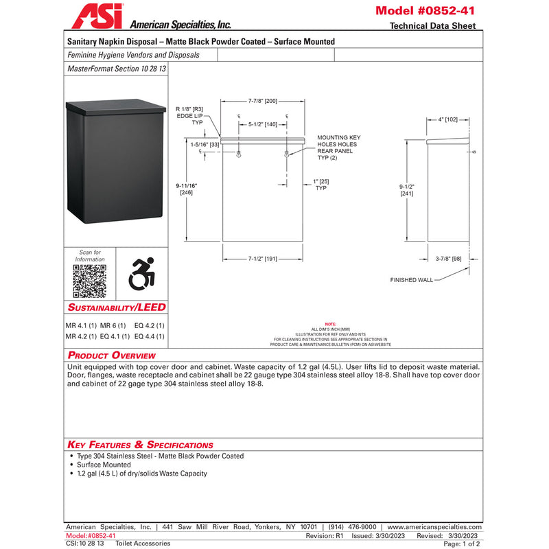 ASI 0852-41 Matte Black Commercial Restroom Sanitary Napkin Disposal, Surface-Mounted, Stainless Steel