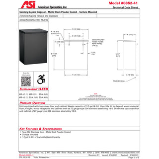 ASI 0852-41 Matte Black Commercial Restroom Sanitary Napkin Disposal, Surface-Mounted, Stainless Steel