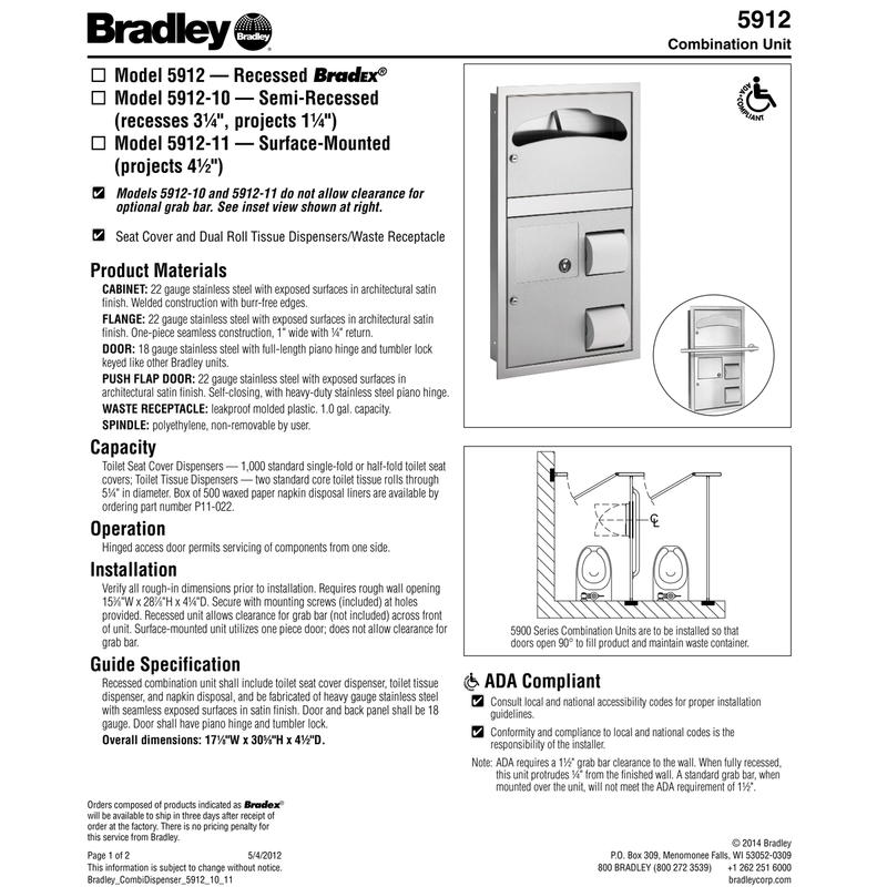 Bradley 5912-11 Commercial Toilet Paper/Seat Cover Dispenser, Surface-Mounted, Stainless Steel