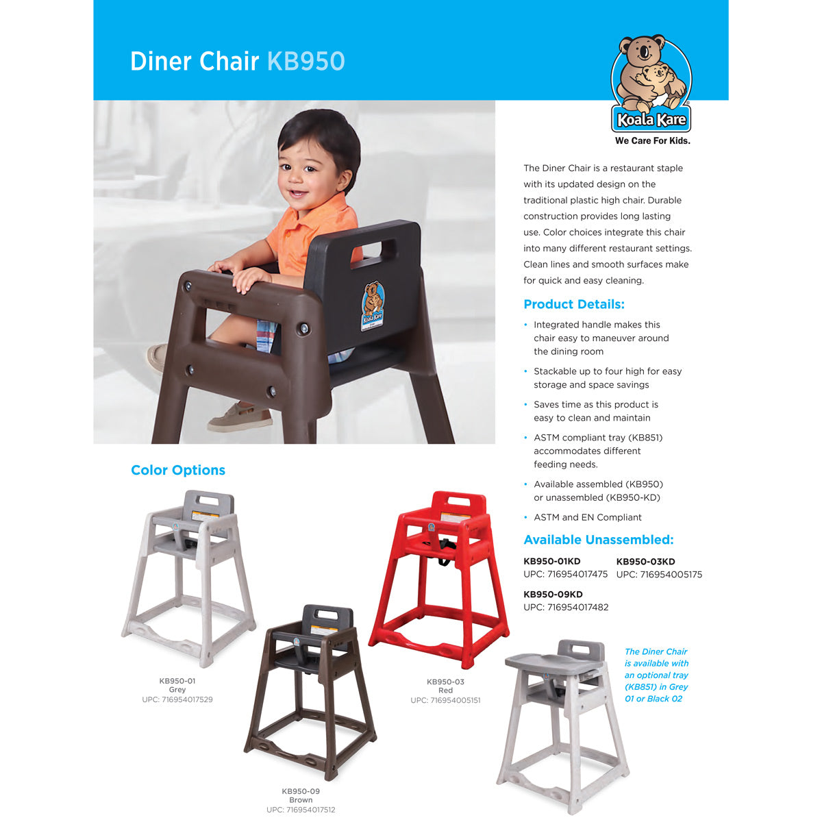 Koala Kare Diner Plastic HC (Grey) Unassembled High Chair - KB950-01-KD