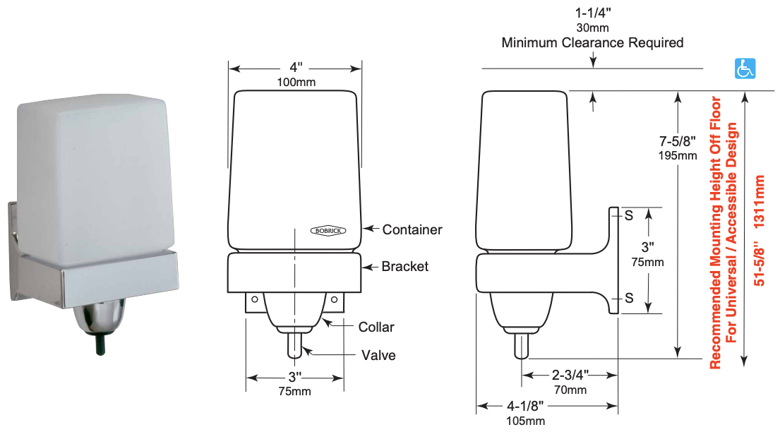 Bobrick B-155 Commercial Liquid Soap Dispenser, Surface-Mounted, Manual-Push, Plastic - 24 Oz