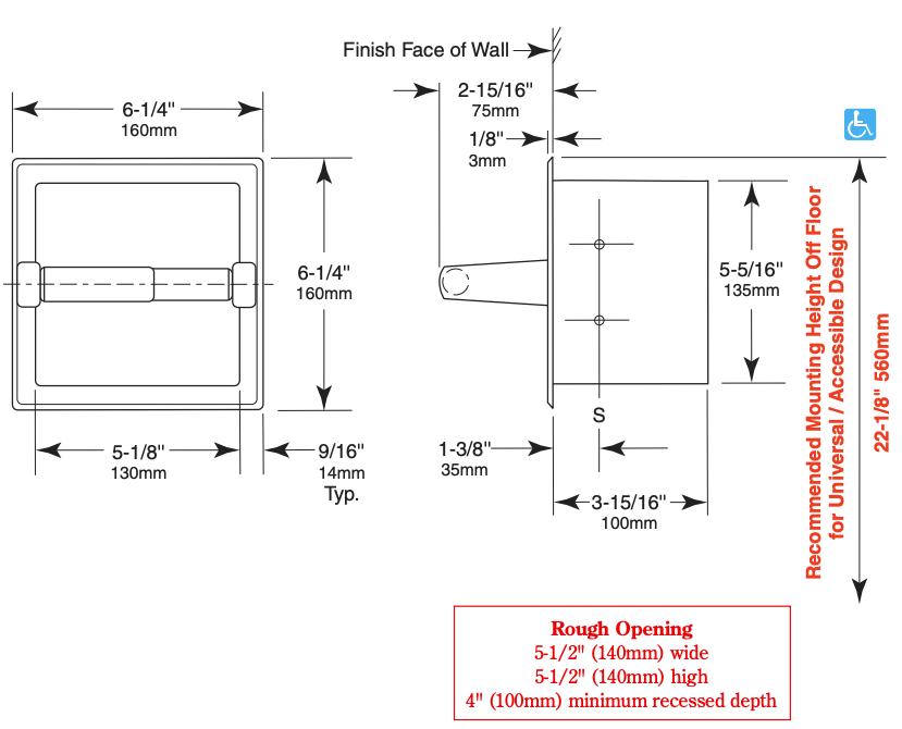 Bobrick B-6637 Commercial Toilet Paper Dispenser, Recessed-Mounted, Stainless Steel w/ Satin Finish