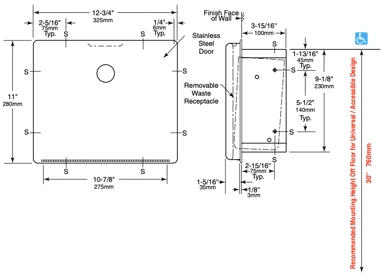 Bobrick B-4353 Commercial Restroom Sanitary Napkin Disposal, Recessed-Mounted, Stainless Steel