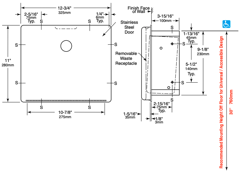 Bobrick B-4353 Commercial Restroom Sanitary Napkin Disposal, Recessed-Mounted, Stainless Steel