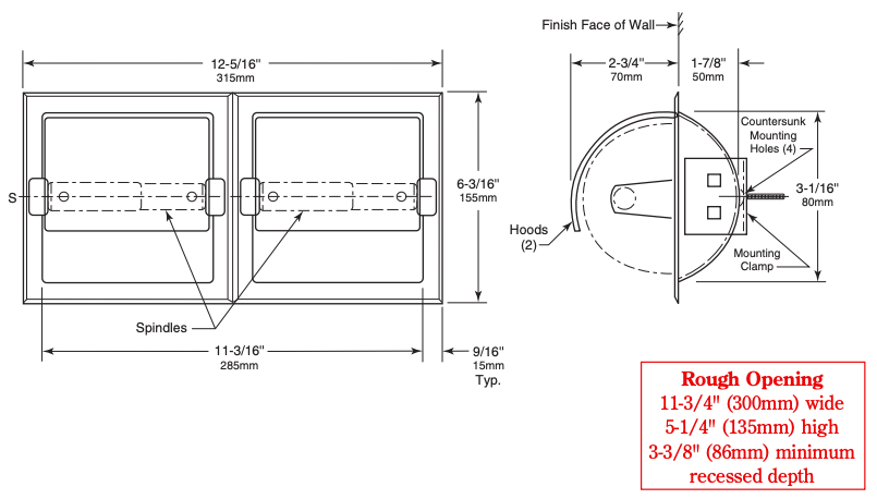 Bobrick B-6997 Commercial Toilet Paper Dispenser w/ Hood, Recessed-Mounted, Stainless Steel w/ Satin Finish