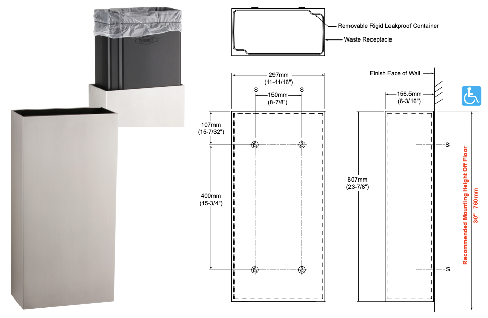 Bobrick B-9279 Fino Waste Receptacle, 6 Gallon Capacity