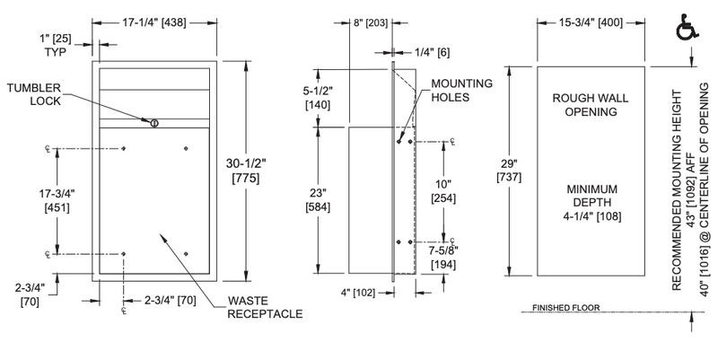 ASI 0458-DX Commercial Restroom Waste Receptacle, 18 Gallon, Semi-Recessed-Mounted, 15-3/4" W x 29" H, 4-1/4" D, Stainless Steel