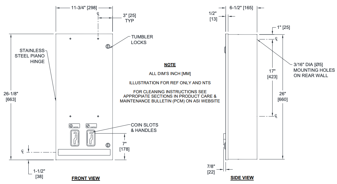 ASI 0864-F Commercial Restroom Sanitary Napkin/ Tampon Dispenser, Free-Operated, Surface-Mounted, Stainless Steel