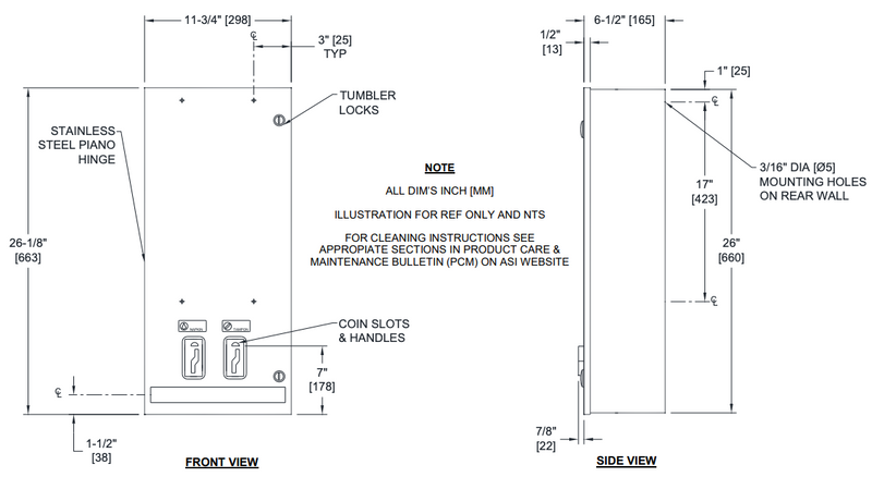 ASI 0864-F Commercial Restroom Sanitary Napkin/ Tampon Dispenser, Free-Operated, Surface-Mounted, Stainless Steel