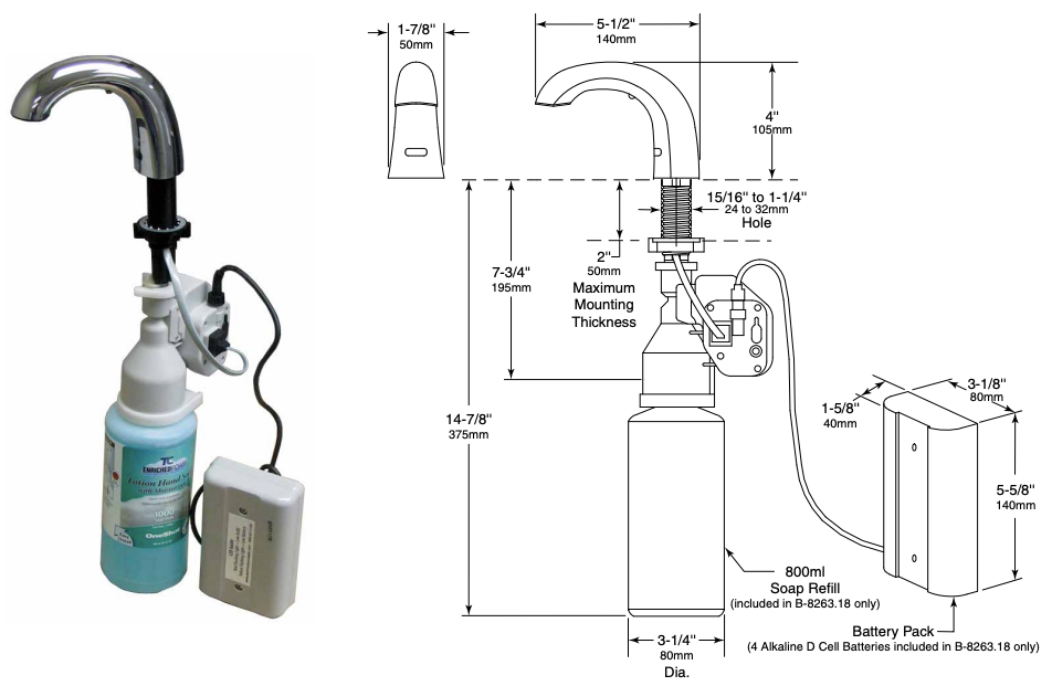 Bobrick B-8263.18 Commercial Foam Soap Dispenser Starter Kit, Surface-Mounted, Touch-Free - 6" Spout Length