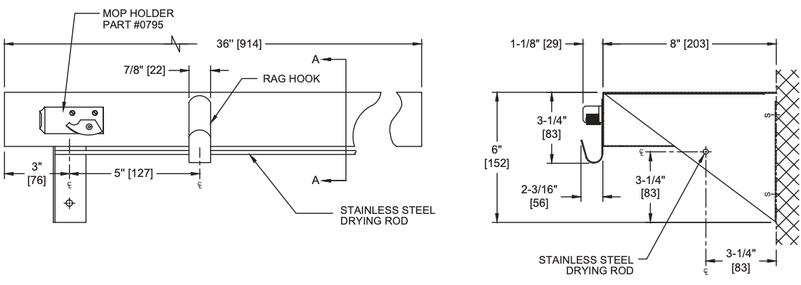 ASI 1315-4 Commercial Utility Mop/Rag Shelf w/ Drying Rod, 36" L x 2-1/2" H, Stainless Steel